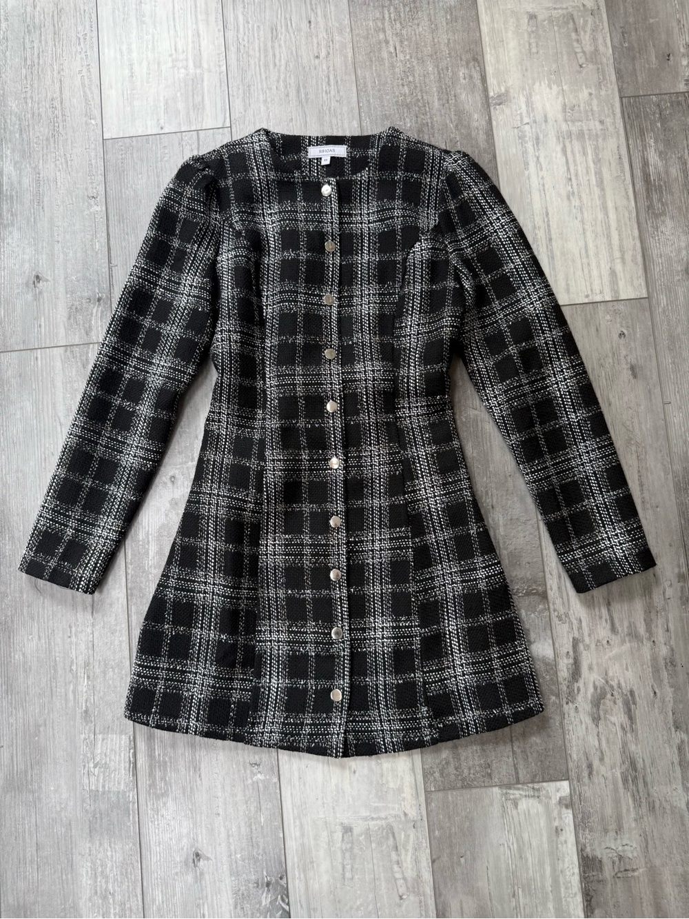RIHOAS Black White Plaid Tweed Mini Dress XS Velvet Bow